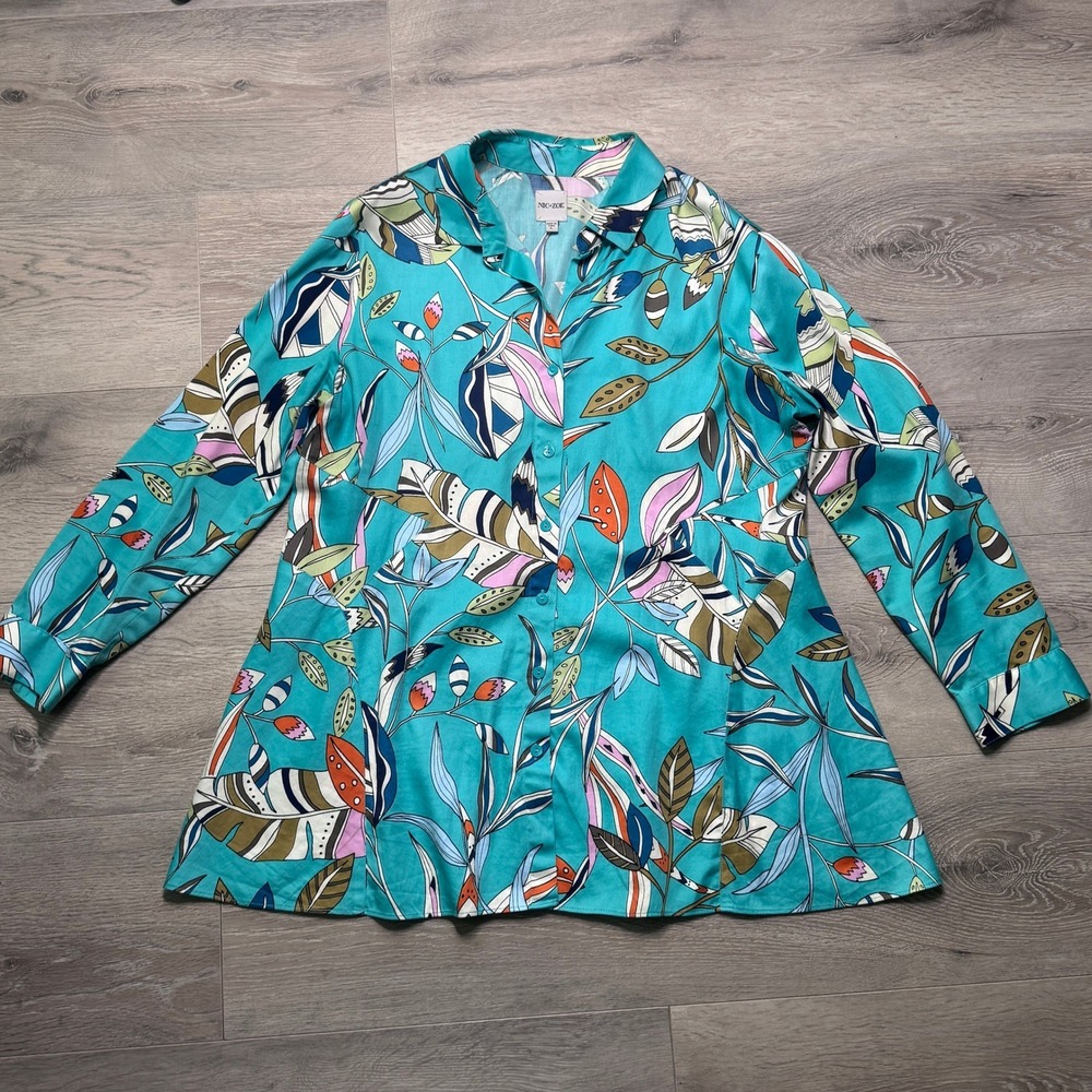 Nic+Zoe Riviera Botanic Womens Large Turquoise Tropical Tunic Top Shirt